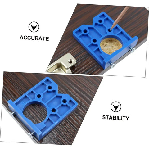 Effortless Concealed Hinge Hole Drilling Kit For Woodworking With 35mm Drill Bit Positioner And Precision Hole Puncher shown on wood surface