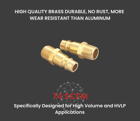 Two brass 1/4 inch NPT male plug fittings for high-flow air quick-connect connections