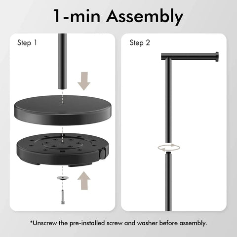 Assembly steps for Freestanding Matte Black Toilet Paper Holder Stand, Rustproof SUS304 Stainless Steel Tissue Roll Holder.