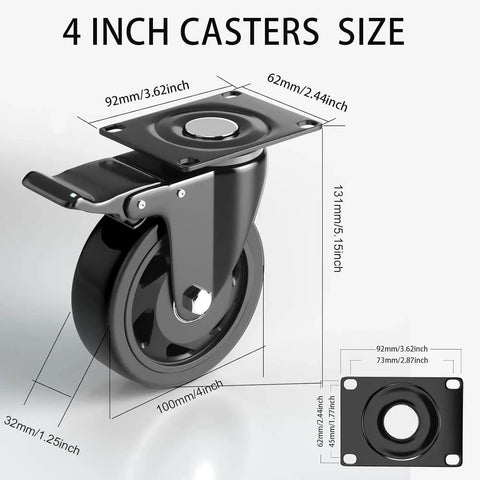 Side view of 4-inch heavy-duty swivel caster wheels with brakes, set of 4, black top-plate mounting