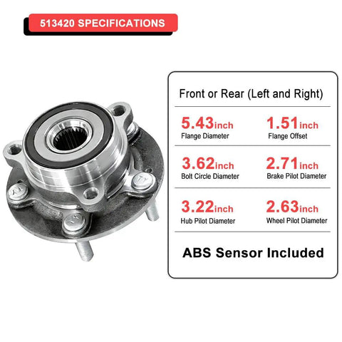 Front Wheel Bearing Hub Assembly Five Lug Fits 2017-2023 Hyundai Elantra And 2017-2020 Hyundai Elantra GT 2017-2022 Kia Niro 2019-2022 Kia Forte 2019-2021 Hyundai Veloster Low Runout Quieter Ride Easy Install with specifications diagram
