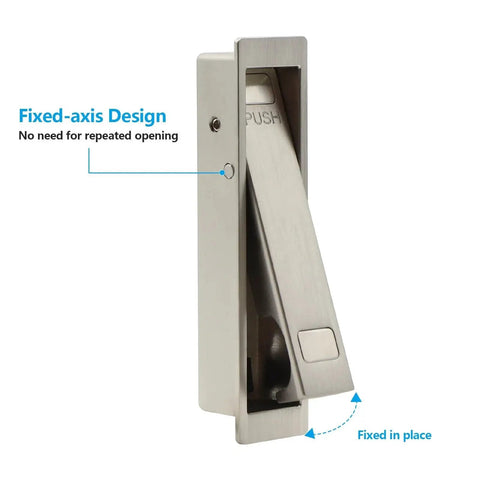 Pocket Door Pull Handle For Flush Mount Sliding Doors In Brushed Nickel Finish with fixed-axis design, shown popped out