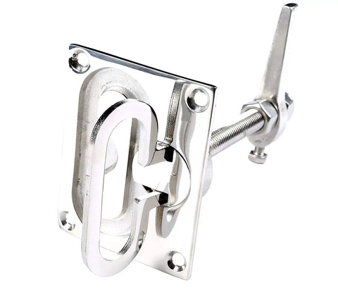 Front view of stainless steel large flush hatch latch with back plate and turning lock, marine-grade hardware