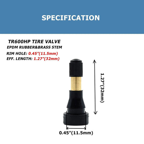 TR600HP High Pressure Brass Tire Valve Stems For Tubeless Systems Snap In 0.45 Inch Rim Holes 1.27 Inch Long EPDM Rubber