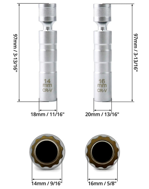 Magnetic Swivel Spark Plug Socket 14mm and 16mm Go To Thin Wall Three Eighths Inch Drive 12 Point Chrome Vanadium Steel 360 Degree Rotation