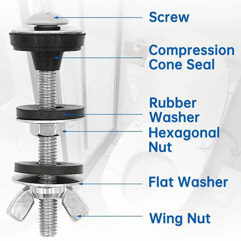 Diagram showing parts of Stainless Steel Toilet Tank To Bowl Bolts Kit With Washers Universal Waterproof Heavy Duty Replacement Bolts