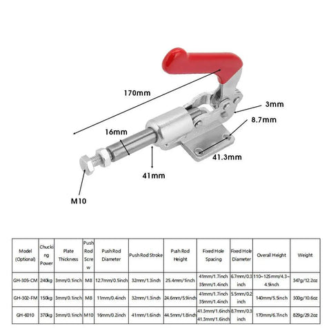 Heavy Duty Toggle Clamp Hold Down Quick Fixing Adjustable Horizontal Clamp For Woodworking Jigs And Fixtures Perfect For Welding Drill Press Crosscut Sled GH36010 with specifications chart