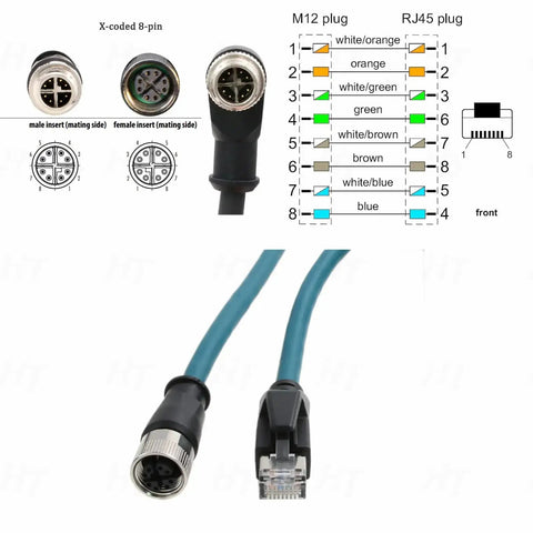 M12 X Coded 8 Pin Female To RJ45 Cat7e Heavy Duty Industrial Ethernet Cable 10Gbps 5M IP67 Waterproof with pin diagram