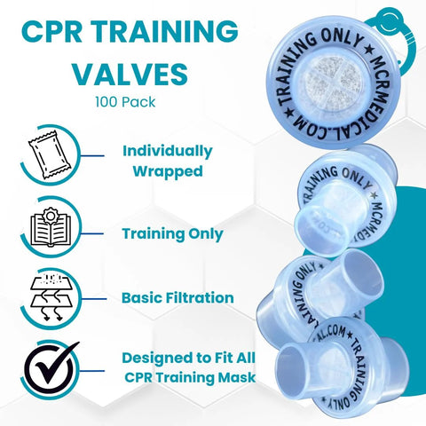 Pack of 100 CPR training valves, individually wrapped, blue MCR Medical basic filtration valves for CPR training masks