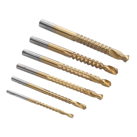 Six Piece Serrated Twist Drill Bit Set For Wood PVC And Plastic Chamfering Grooving Includes 3 4 5 6 6.5 And 8mm Bits