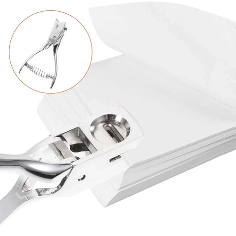 Manual Single Hole Paper Puncher for Office and School, 8 Sheet Capacity, silver handheld tool punching through white paper stack