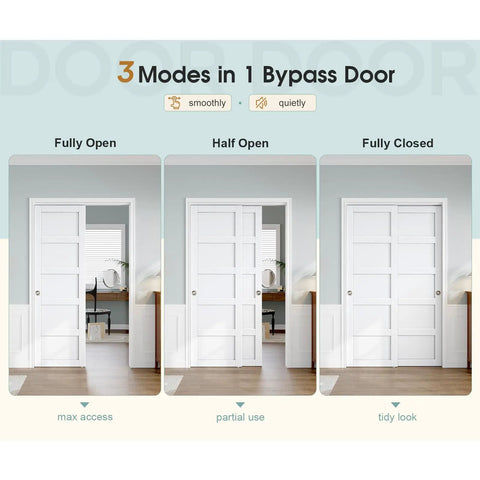 Sliding Closet Door 48x80 Inches, Five Panel Bypass Barn Doors With Concealed Hardware Track Kit Included, White Finish