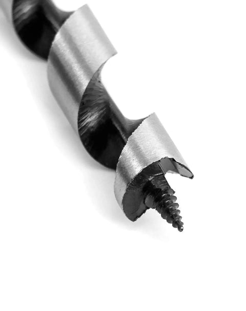 Close-up of Heavy Duty Wood Auger Drill Bit For Fast Drilling With Self Feeding Coarse Screw Point One Half Inch Diameter Sixteen Inch Length Three Eighth Inch Hex Shank QWORK