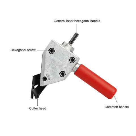 Metal Nibbler Drill Attachment For Sheet Metal Cutting Turn Your Drill Into An Electric Shear, shown with labeled parts