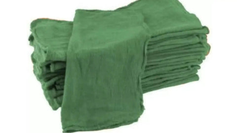Green Shop Towels For Auto Shops And Industrial Use Ultra Absorbent Rags For Oil And Grease Cleanup Industrial Grade 13X14 Inches Multi Purpose Cleaning Cloths For Mechanics Durable And Reusable Towels. Visible is a stack of green cloths.
