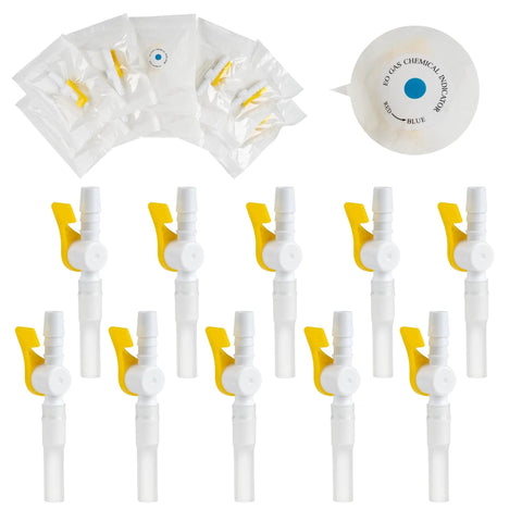 10-pack Ximter Comfort Flow catheter valves with white bodies, yellow levers, tubing connectors.