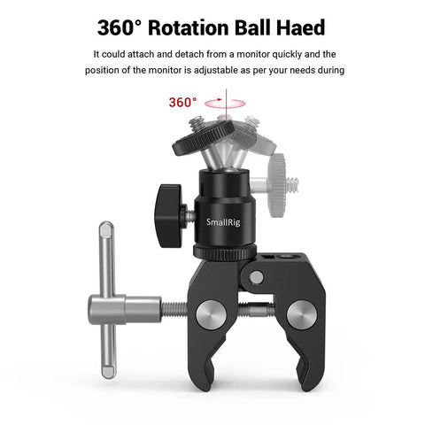 Beefy Clamp Mount With Mini Ball Head For Desk Or Rig Hot Shoe Adapter With 1/4 Inch Screw in black, showing 360° rotation feature.