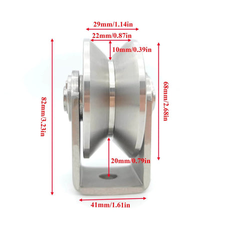 Side view of Beefy Heavy Duty V Groove Wheel Pulley For Doors And Sliding Gates with stainless steel bracket and dimensions