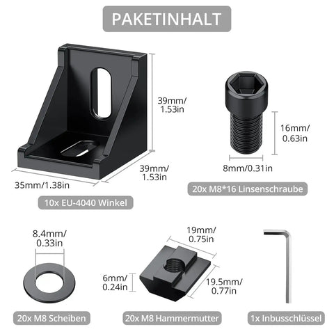 Package contents for 10 Pack Aluminum Profile 4040 Corner Brackets, black finish, with screws, washers, hammer nuts, and Allen key.