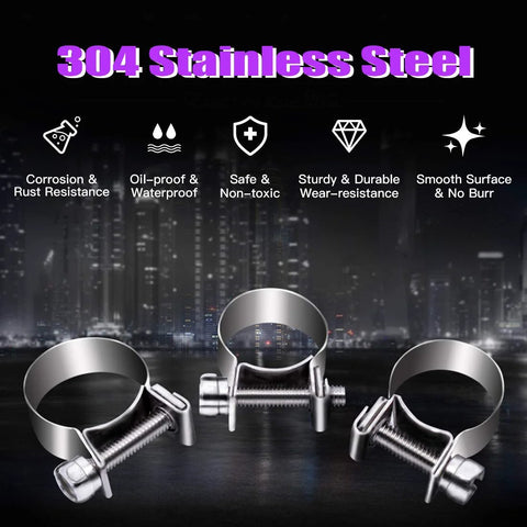 Swpeet 304 stainless steel mini hose clamps with screws, three fuel-line clamps on a dark city backdrop.