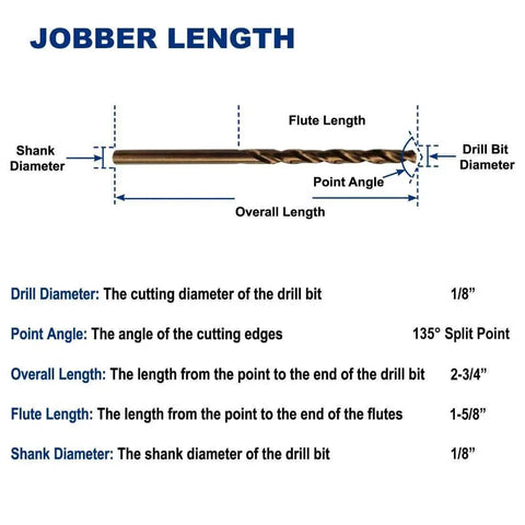 Diagram showing dimensions of One Eighth Inch Cobalt Steel M35 Jobber Length Twist Drill Bits For Hard Metal And Stainless Steel Pack Of Twelve With 135 Degree Split Point And Straight Shank Two And Three Quarter Inch Overall Length.
