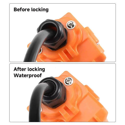 NPT 1In Cable Gland IP68 Waterproof Strain Relief Cord Connector on orange electrical box before and after locking