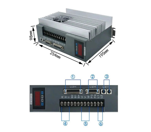 FPBIGCHA 130ST-M15025 servo drive module, front view with heatsink and display; rear view shows six connectors.