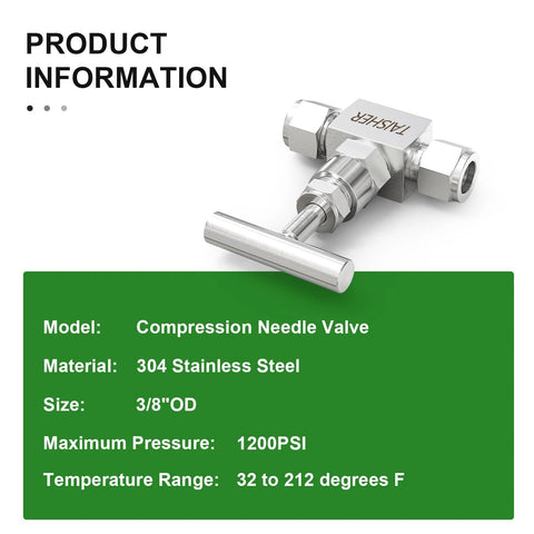 TAISHER compression needle valve, 304 stainless steel, 3/8" OD, with T-handle and compression fittings