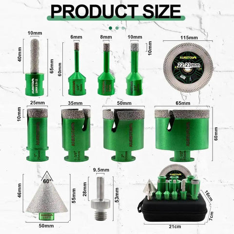 Pro Grade Diamond Core Drill Bits Kit For Tile And Stone With 6, 8, 10, 25, 35, 50, 65 mm Holes Plus Beveling Chamfer Bit