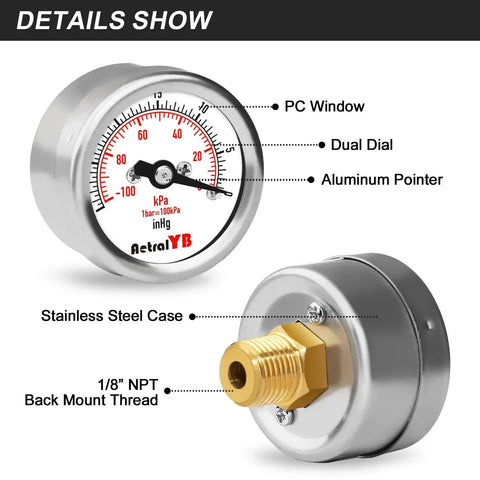 Tiny But Mighty Mini Vacuum Pressure Gauge With 1.2 Inch Dial Dual Imperial And Metric Scales, Stainless Steel Housing, Brass Internals, Back Mount