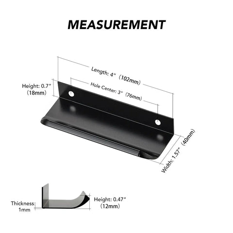 Diagram showing measurements of 10 Pack Finger Edge Pulls For Cabinets With 76mm Hole Center And 102mm Overall Length Matte Black Concealed Handles.