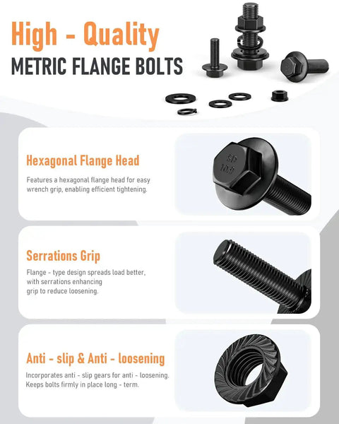 Black Metric Flange Bolt Assortment Kit With Nuts And Washers, M6x1.0 M8x1.25 M10x1.5, hexagonal head, serrations for grip.