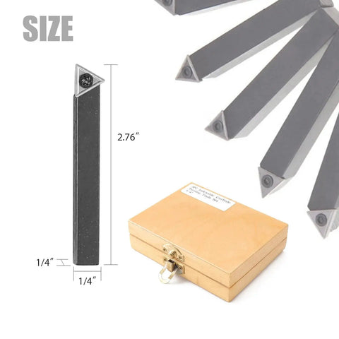 Five Piece Indexable Carbide Turning Tools Set With One Quarter Inch Shank For Turning Facing Boring And Chamfering Includes AL AR BL BR And E Style Holders And Rotatable Carbide Inserts Fits Most Mini Lathes And Bench Top Machines Oudtinx showing size dimensions and wooden box.