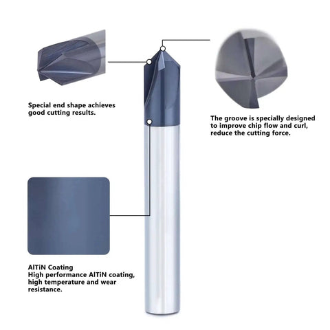 Carbide Chamfer End Mill 90 Degree With Three Eighths Inch Shank V Groove AlTiN Coated 4 Flute Cutter For Alloy Steels And Hardened Steels Smooth Edges Burr Removal AYCHOLIZ