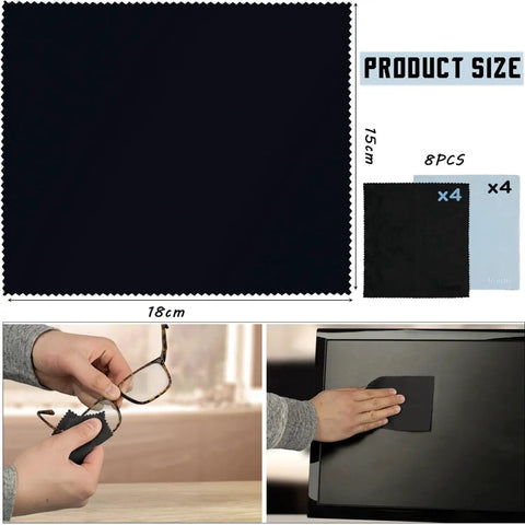 8 Pack Microfiber Cleaning Cloths For Glasses Screens Cameras, 18x15cm black and blue cloths cleaning glasses and screen monitor