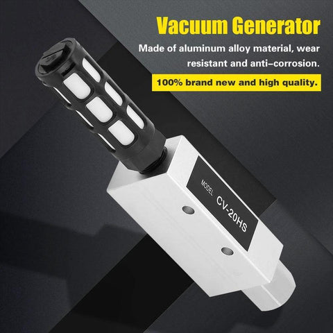 CV-20HS vacuum generator by Amazon; aluminum body, black handle, pneumatic exhaust with silencer