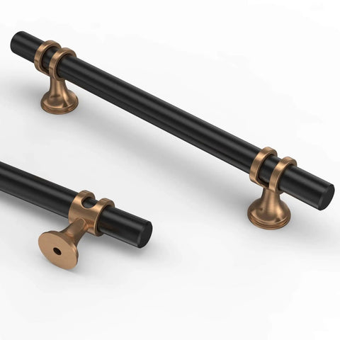 10 Pack 5 Inch Matte Black And Champagne Bronze Cabinet Handles for Kitchen Cabinets shown side by side and angled view