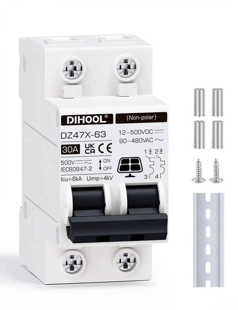 30 Amp Two Pole Solar Disconnect Switch With DIN Rail Mount for 12V 24V 48V and 400V systems AC DC Circuit Breaker