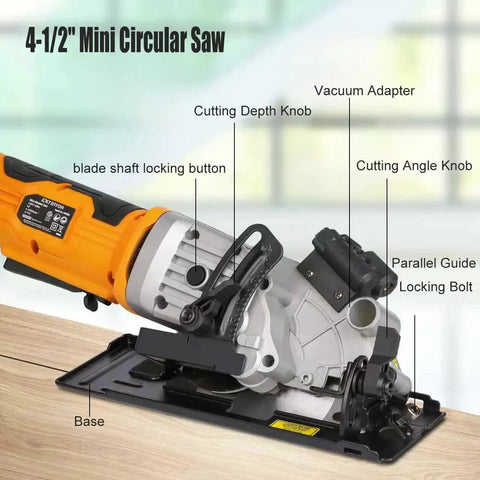 Powerful Corded Mini Circular Saw With Laser Guide Extbtfor showing components including angle knob and cutting depth knob on base.