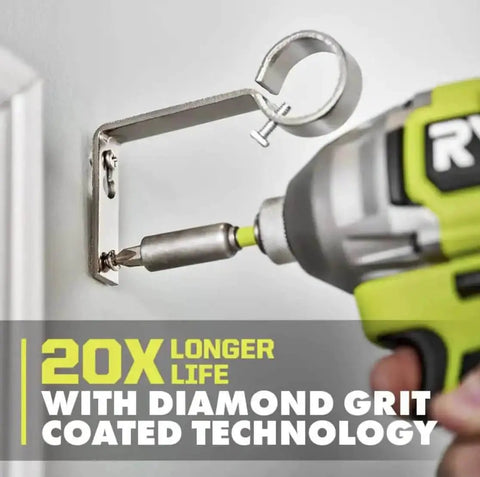 Close-up of power tool using 200 Piece Drill And Impact Drive Set Ryobi With Diamond Grit Bits For Longer Life and Stronger Grip.