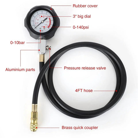 Oil Pressure Tester Kit For Cars ATVs And Trucks With 0 To 140 PSI Mechanical Gauge, showing rubber cover, dial, and hose