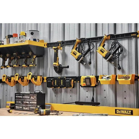 Power Tool Organizer Kit, 10-Piece Garage And Workshop Storage System with Heavy-Duty Steel Rails mounted on wall.