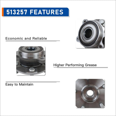 Features of Set Of 2 Front Wheel Hub Bearing Assemblies With ABS Encoder Direct Fit For Lexus HS250h, Scion, and Toyota models.