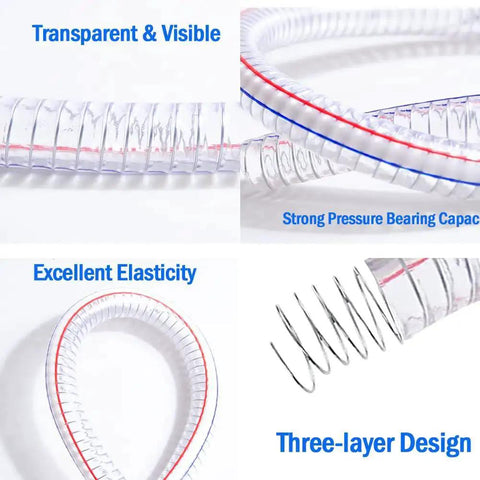 Composite image showing the Beefy Ten Foot Steel Wire Reinforced PVC Vacuum Hose With One And Quarter Inch Inner Diameter And One And Half Inch Outer Diameter, highlighting transparency, elasticity, and structure details.
