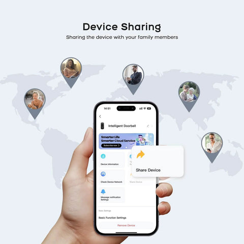 2K Wireless Video Doorbell Camera With Live View Color Night Vision Smart Human Detection 180 Degree Field Of View Motion Alerts Chime Included Two Way Talk Cloud Storage 2.4 GHz WiFi Compatible With Alexa And Google Assistant device sharing on mobile app shown on smartphone with world map in background