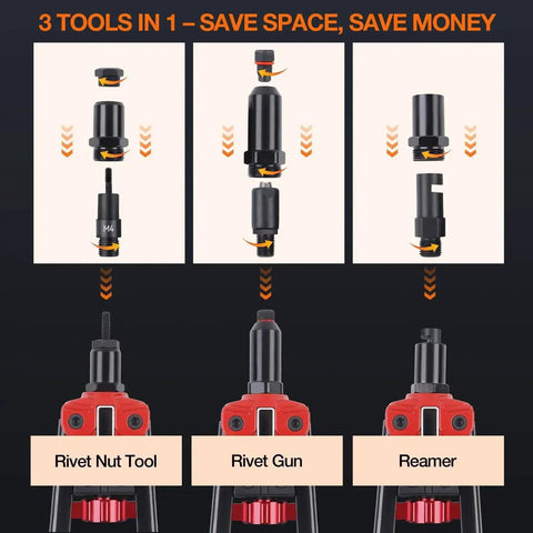 Three In One Rivet Nut Tool Kit With Hand Rivet Gun And Reamer Includes 6 Metric And 4 SAE Mandrels 5 Rivet Heads 111 Rivet Nuts And 83 Rivets Carrying Case display of tools and components