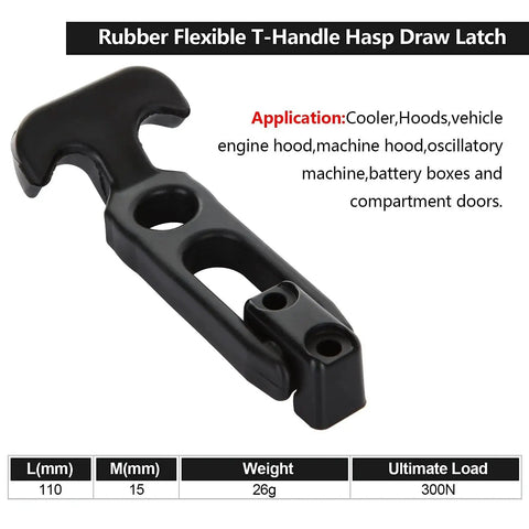 Close-up of a rubber T-handle draw latch for tool boxes, 4.3 inches, nylon/rubber material, Six Pack Rubber T Handle Draw Latch 4.3 Inch Hasp For Tool Boxes And Equipment visible.