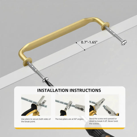 Brushed Brass Cabinet Pulls Seven And One Half Inch Ten Pack Zinc Alloy Solid Hardware for kitchens shown with installation guide.