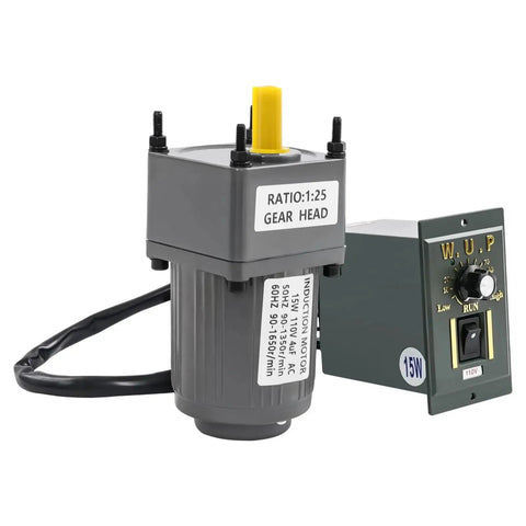 15W 110V AC Gear Motor with Variable Speed Controller, 54 RPM, single-phase motor with 1 to 25 gear reduction for industrial projects.