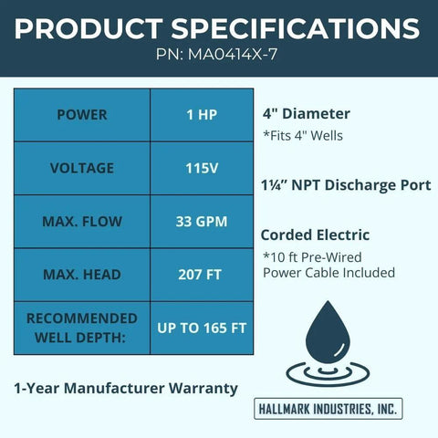 Hallmark MA0414X-7 deep well submersible pump, 1 HP, 115V, 4" stainless steel.